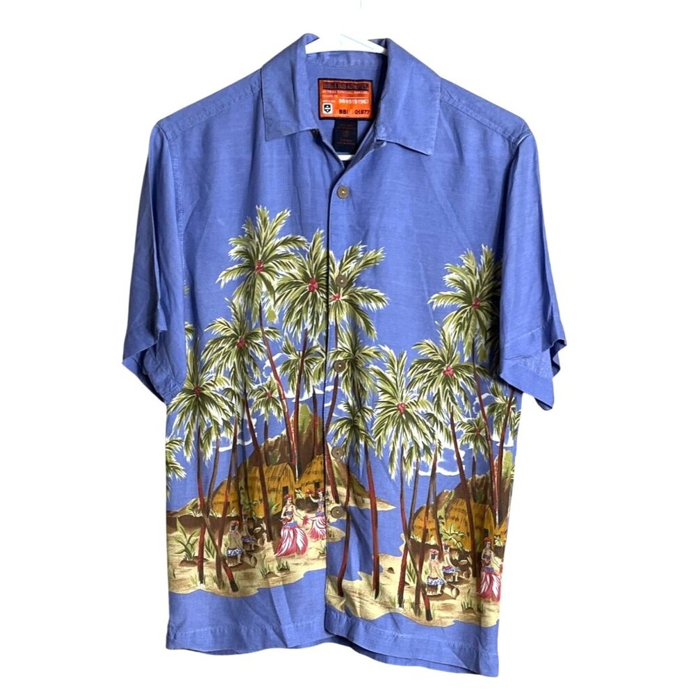 Bugle Boy Hawaiian Shirt Blue Tropical Button Up Casual Resort Unisex Vtg Mens S